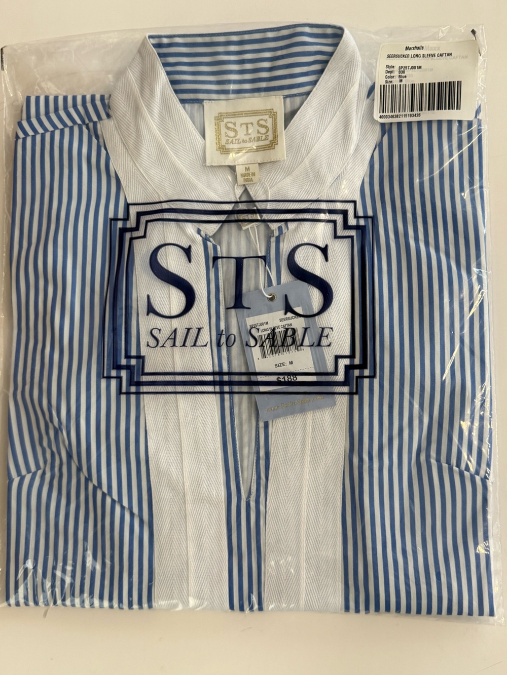 NWT Sail to Sable Seersucker Long Sleeve Caftan Dress Blue White Stripe M $188 - Picture 4 of 5